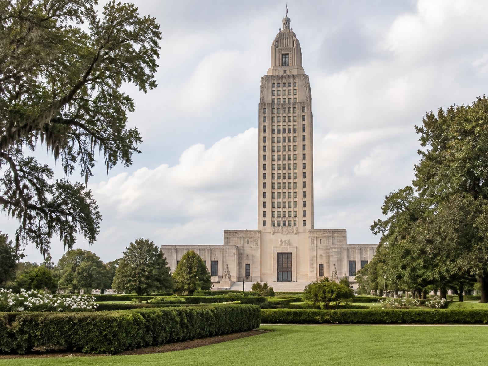 Louisiana State Capitol framed by its formal gardens